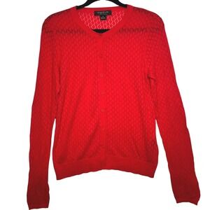 EUC M August Silk Heritage Red Pointelle Knit Diamond Crochet Cardigan Spring